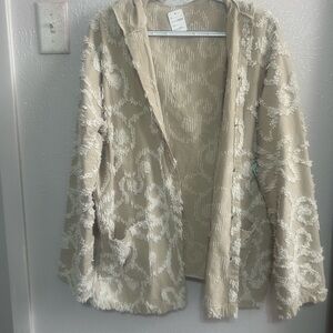 Textured Beige and White Jacket. Made with vintage tablecloth into jacket